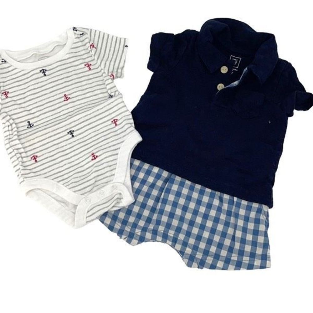 Baby Gap Blue Gingham Romper Polo & Old Navy White Printed Bodysuit Set Sz 3 Mos